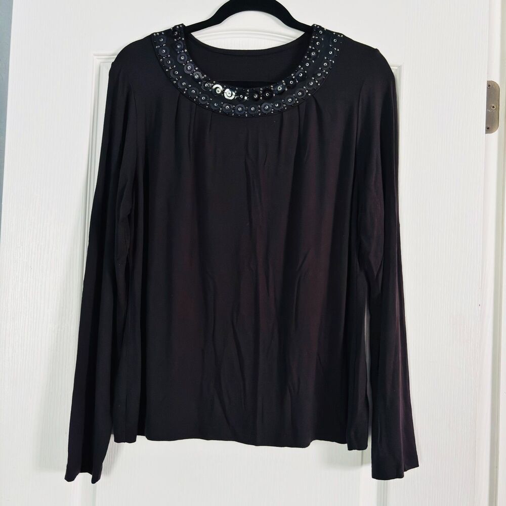 Susan Graver Style Black Beaded Sequin Jersey Knit Long Sleeve Top L
